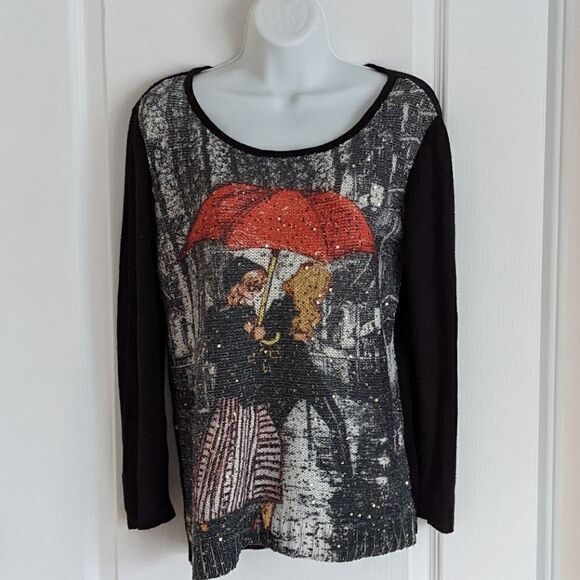 Tricotto black knit sweater with sequin decorations umbrella print Small @O - Picture 3 of 8